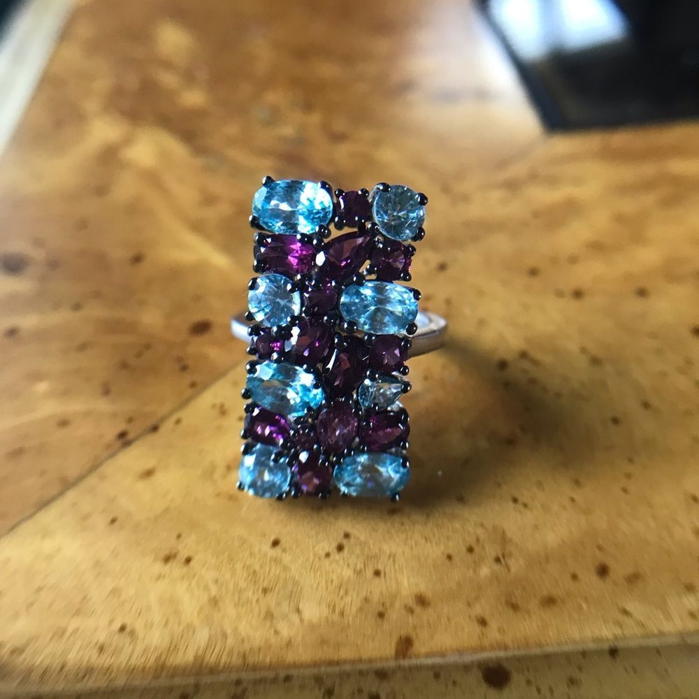 Natural Rhodolite Garnet Blue Zircon Sterling Silver Cocktail Ring Size 5